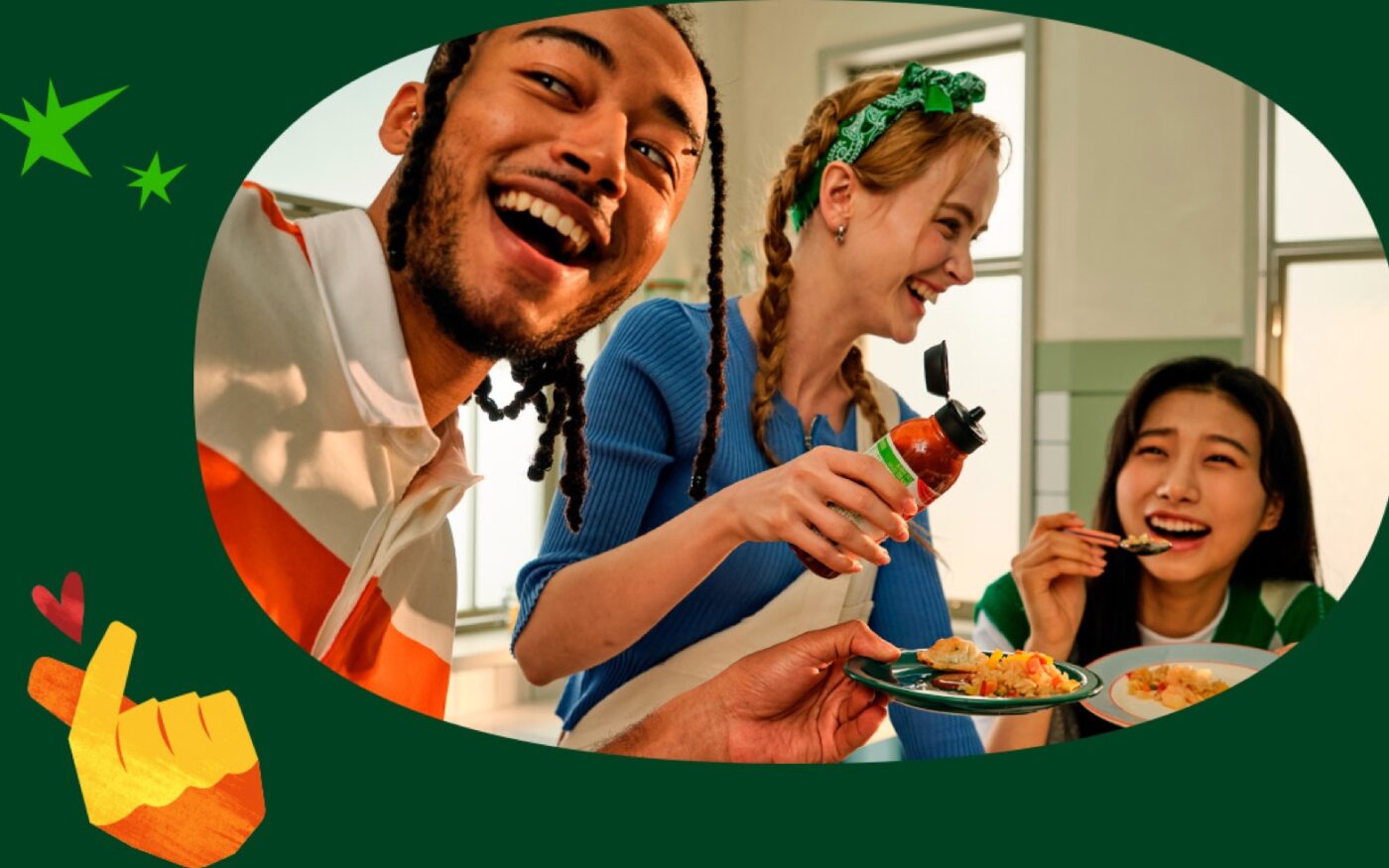 Friends sharing bibigo food together around a dining table
