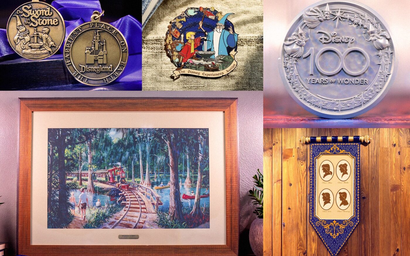 Disney auction collectibles including medals, artwork and memorabilia