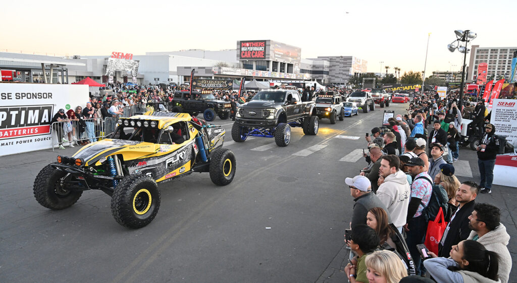 Off-road trucks in the outdoor SEMA display area