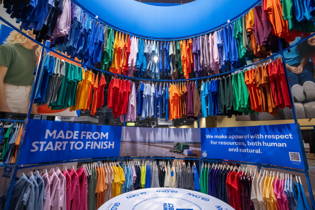 Blank apparel wall display at Impressions Expo