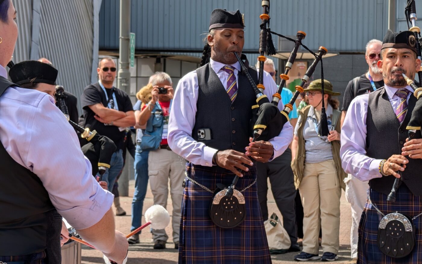 Pipe band performing outside the convention centre