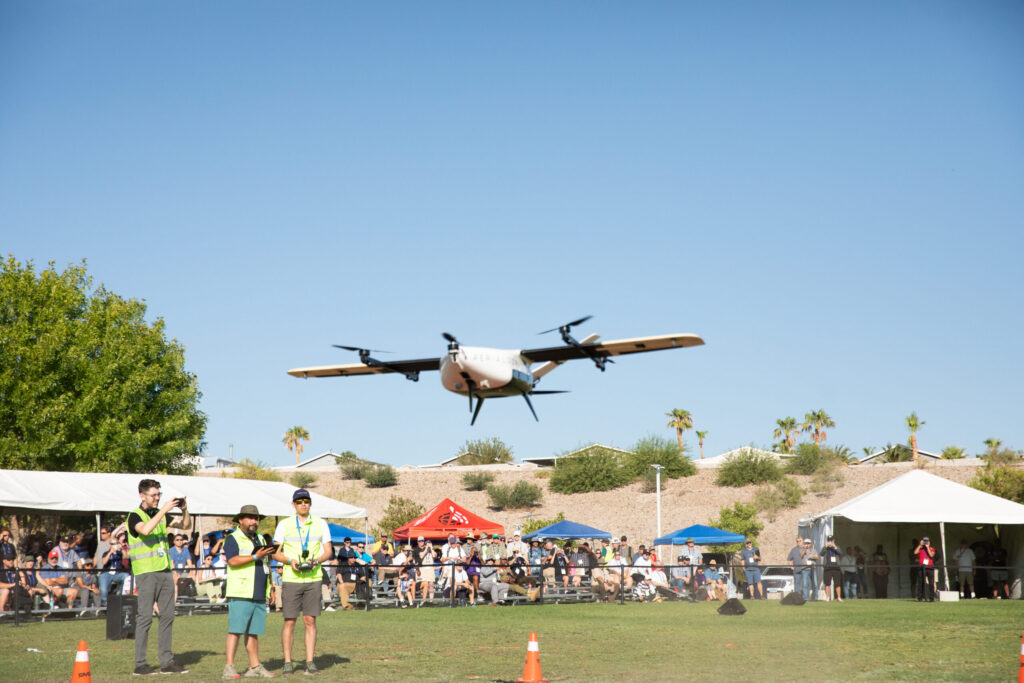 Drone in flight at an outdoor demo