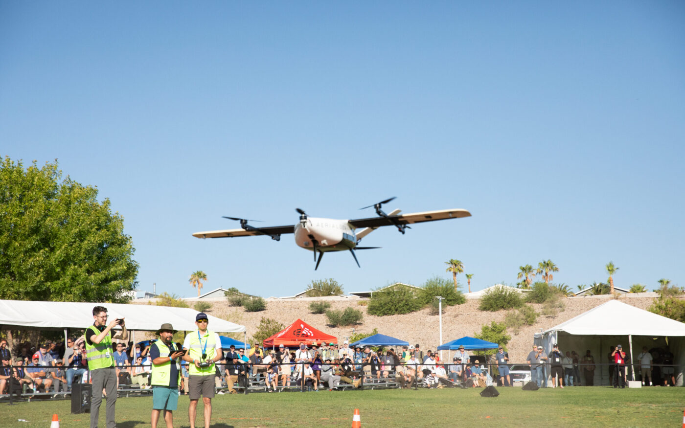 Drone in flight at an outdoor demo