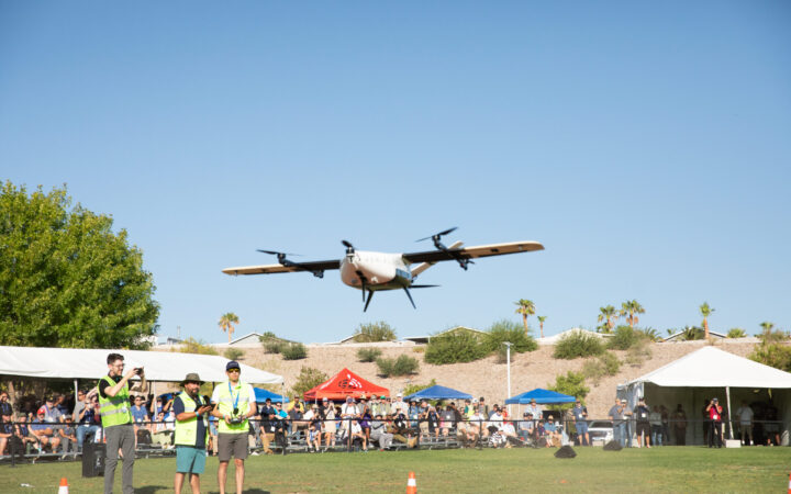 Drone in flight at an outdoor demo