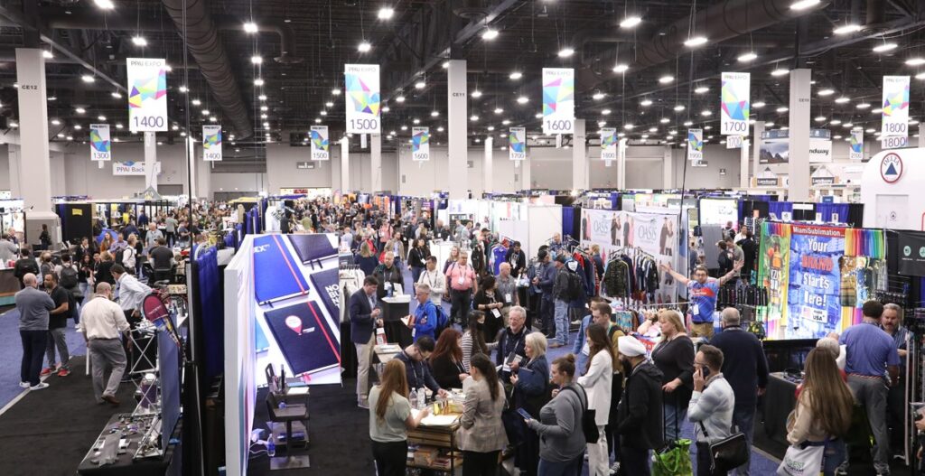 Wide view of PPAI Expo booths