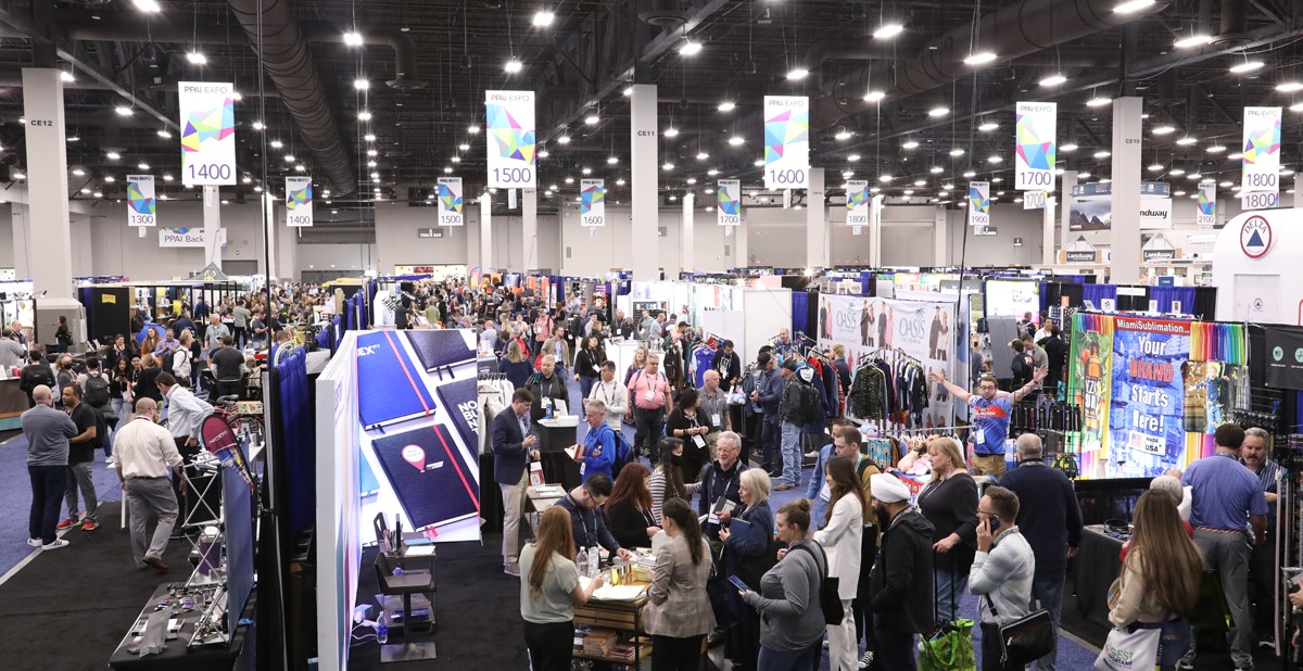 Wide view of PPAI Expo booths