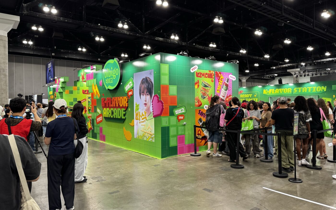 Fans queue outside Bibigo's K-Flavor Arcade at KCON LA 2026