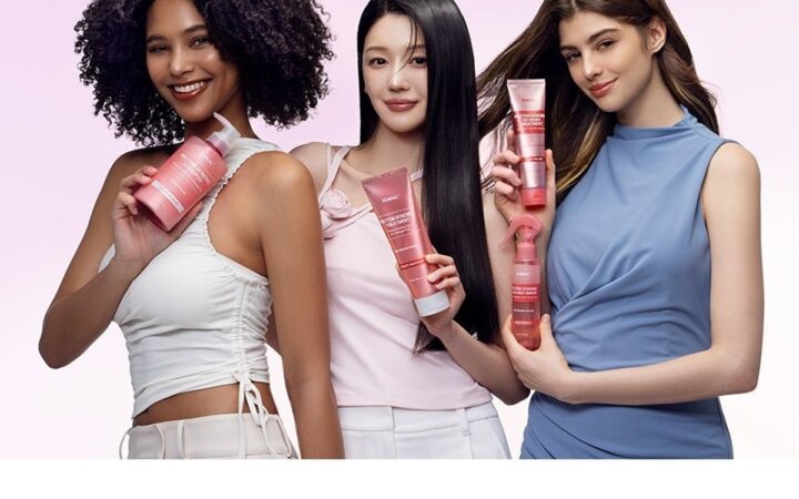 Three models holding KUNDAL hair-care products
