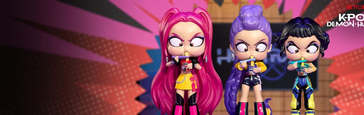 Three colorful KPop Demon Hunters collectible figures from Mattel Creations
