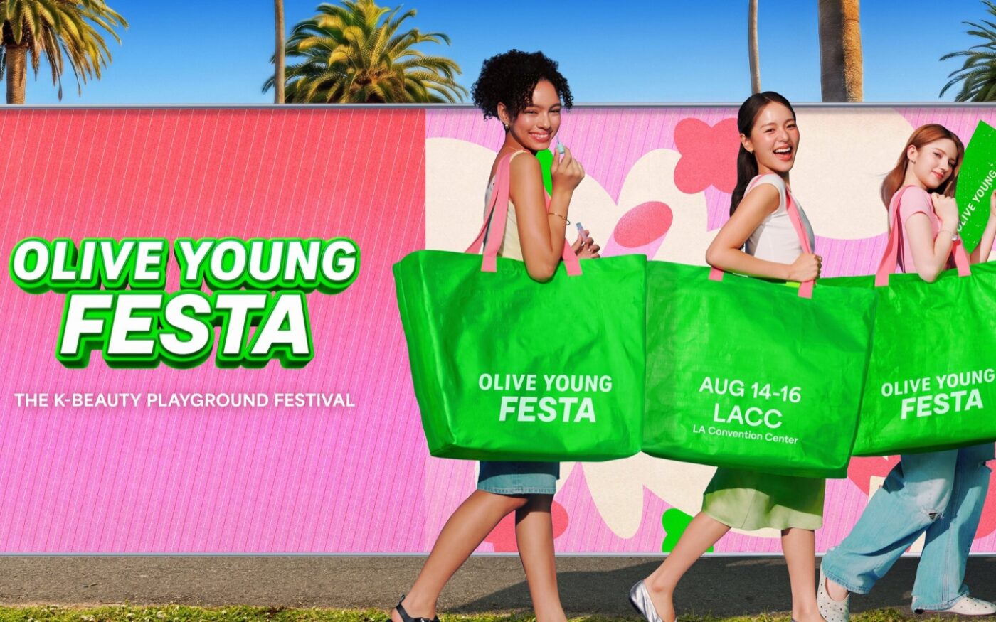 OLIVE YOUNG FESTA LA 2026 campaign with three shoppers carrying bright green festival bags
