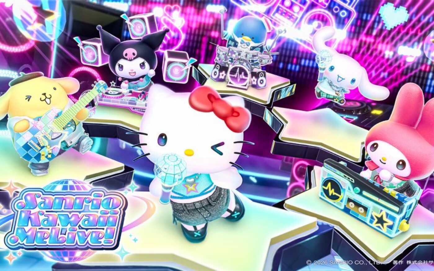 Hello Kitty and Sanrio characters performing in the colorful Sanrio Nakayoku Me Live rhythm game