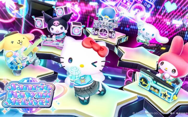 Hello Kitty and Sanrio characters performing in the colorful Sanrio Nakayoku Me Live rhythm game