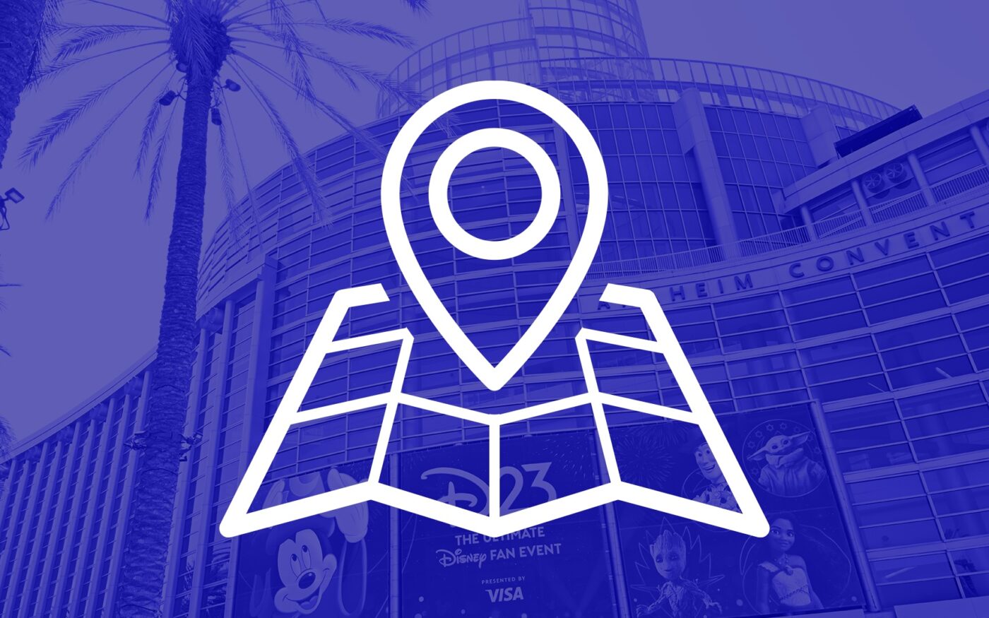D23 show floor map artwork over the Anaheim Convention Center