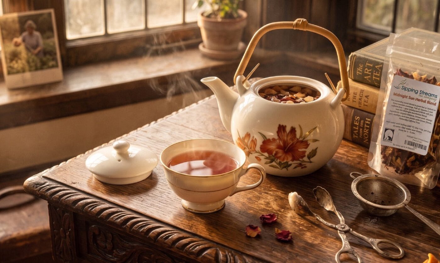 Sipping Streams Midnight Sun herbal tea served from a floral teapot beside a sunny window