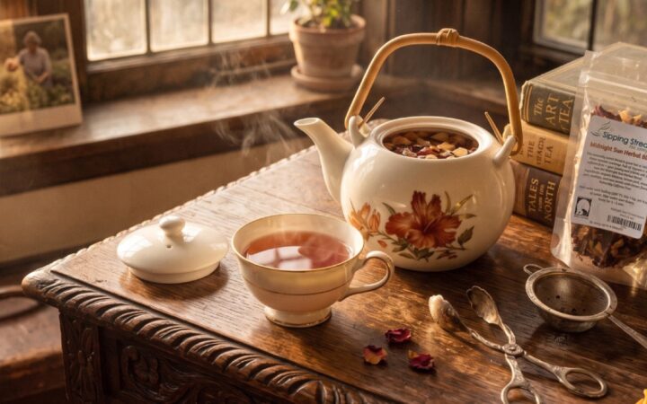 Sipping Streams Midnight Sun herbal tea served from a floral teapot beside a sunny window