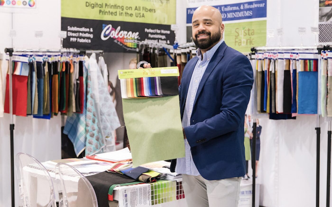 A SOURCING by Informa exhibitor presents colorful textile and trim options