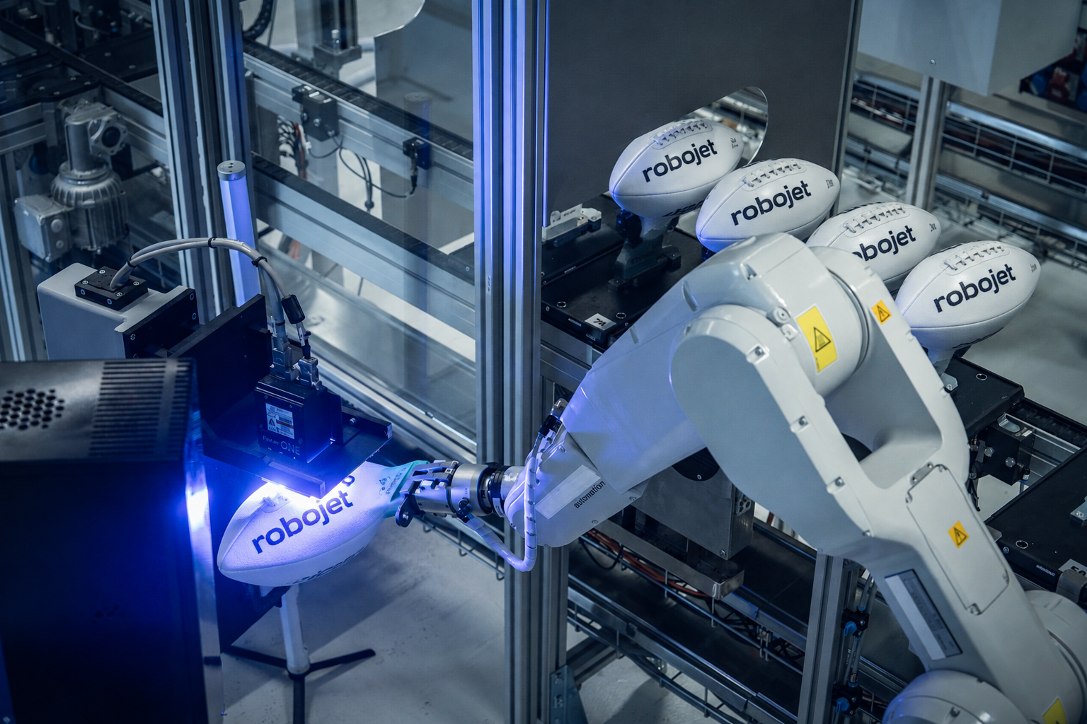 Robojet robotic printer printing branded footballs