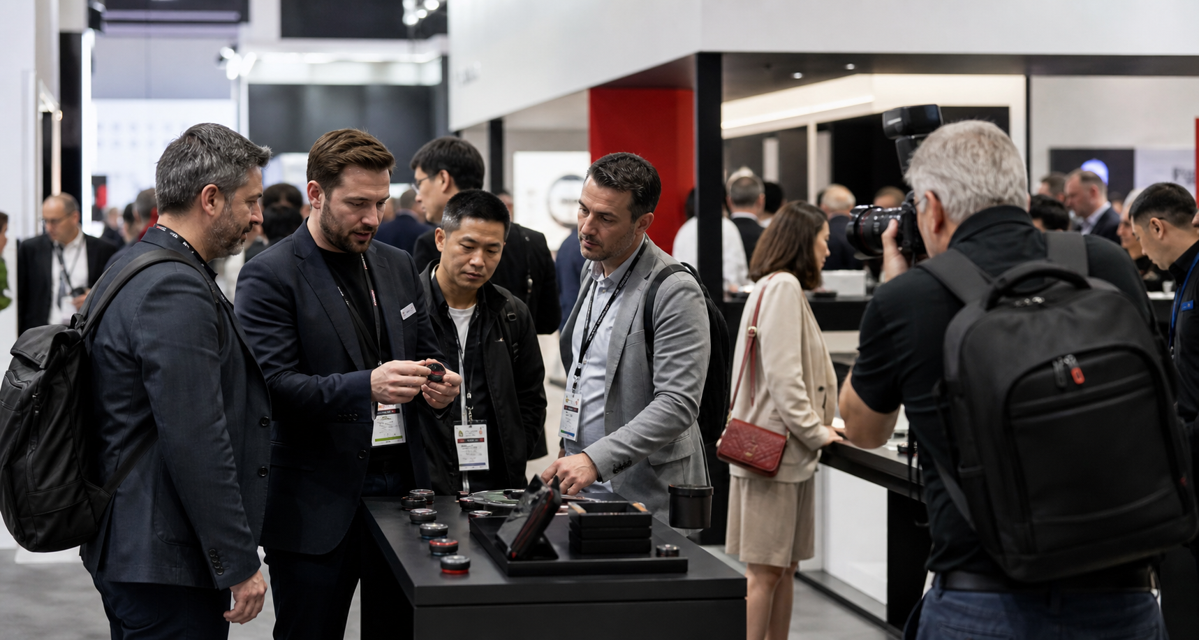Professional attendees explore a hands-on product demonstration while event coverage is captured