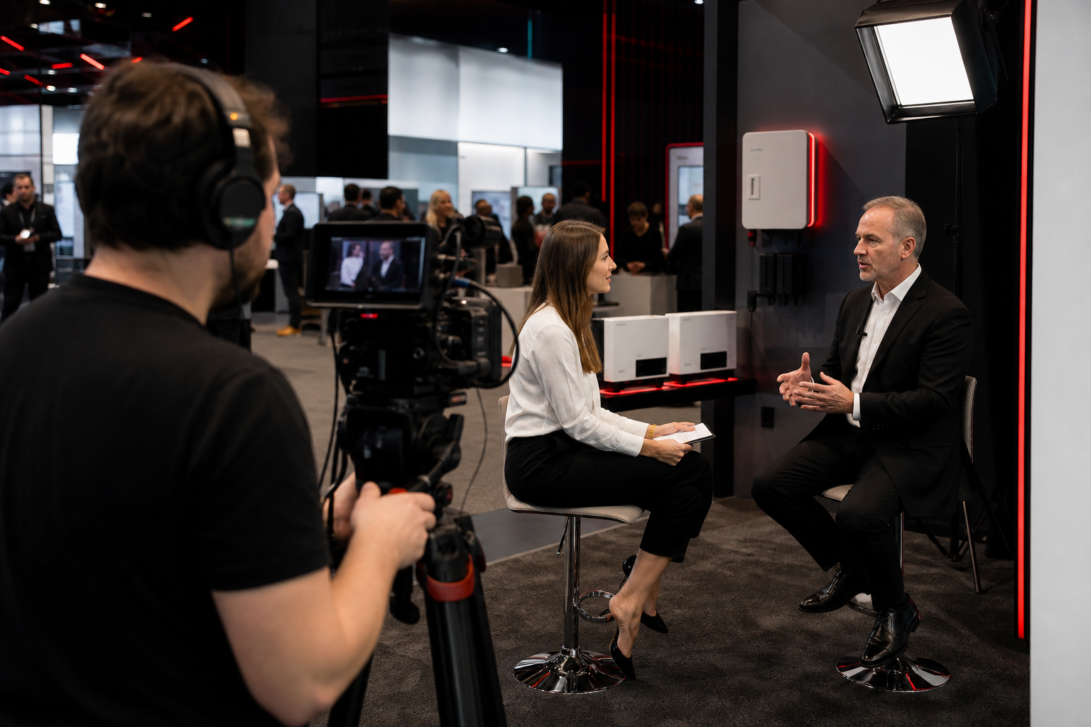 Professional video crew filming an exhibitor interview on the show floor
