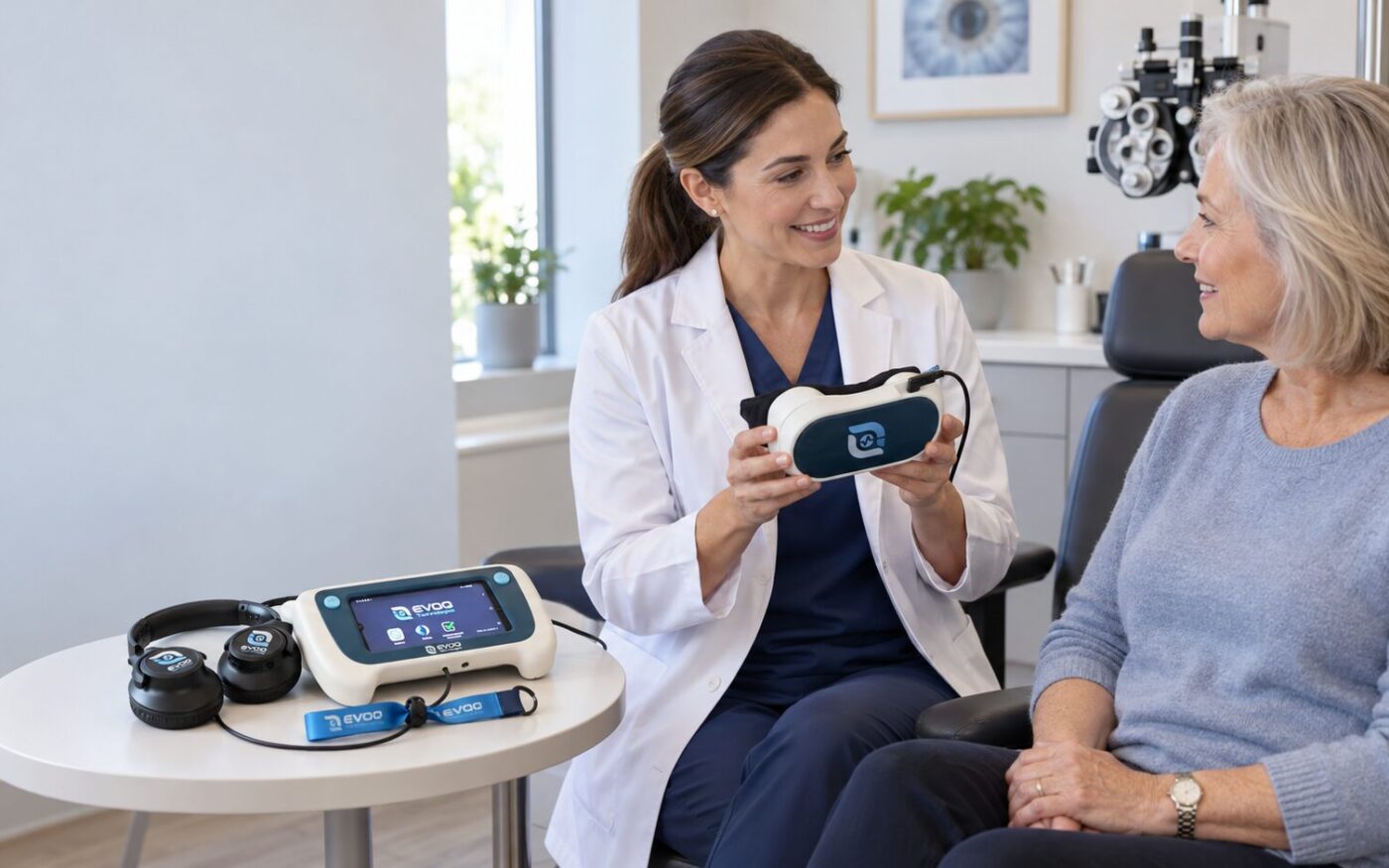 A clinician demonstrates the EVOQ Twilight Dark Adaptometer during an eye care visit.
